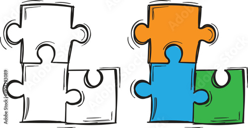 Hand Drawn Puzzle Pieces Doodle Illustration for Teamwork, Cooperation and Solution