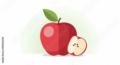 A whole and a half red apple with a green leaf and stem