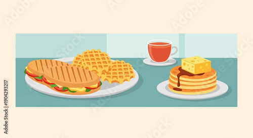 A simple illustration of breakfast items sandwich, waffles, pancakes, and tea