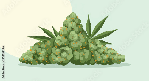 A stylized pile of green marijuana buds and leaves