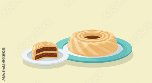 A whole and a slice of bundt cake with chocolate filling sit on plates