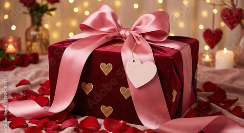 Romantic Red Gift Box with Pink Ribbon and Hearts on Festive Background