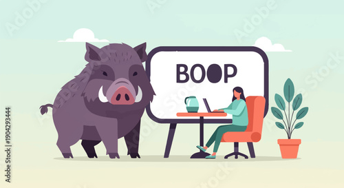 A wild boar stands next to a woman working on a laptop and whiteboard