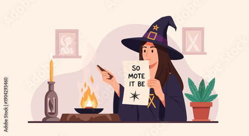 A witch in a pointed hat casts a spell over a fire, holding a scroll