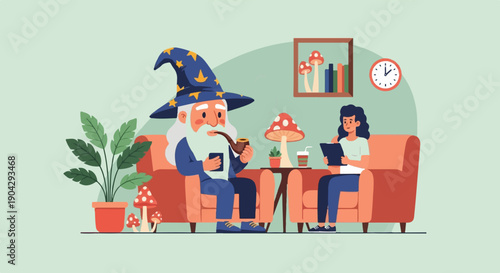 A wizard with a pipe and a woman with a tablet in a whimsical room