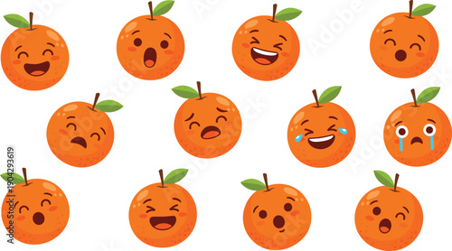 Cute Orange Fruit Emoji Vector Illustration Set with Funny Facial Expressions and Emotions for Stickers, Kids Graphics, and Food Branding