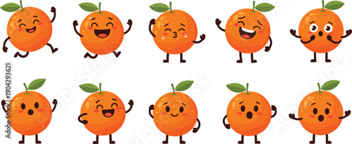 Cute Cartoon Orange Fruit Character Vector Set with Funny Facial Expressions and Poses for Kids Illustrations, Stickers, and Food Branding