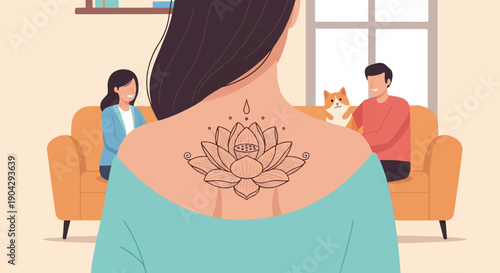 A woman with a lotus tattoo sits on a couch with a cat and a man