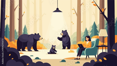 A woman works on a laptop while bears play under a forest canopy