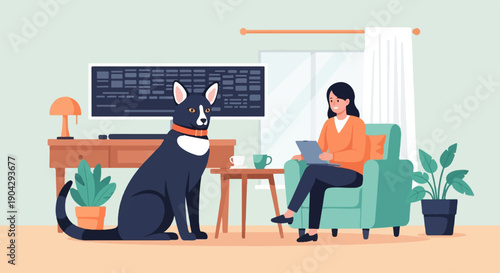 A woman works on a laptop with her dog beside her in a cozy home office