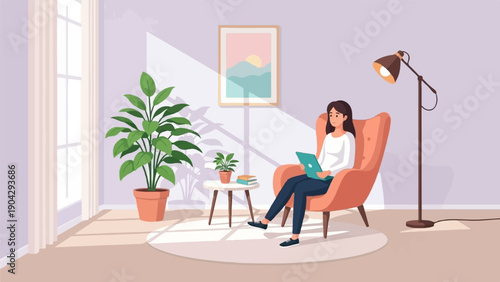 A woman works on a laptop in a sunlit room with plants and art