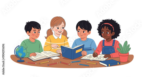 Four diverse children sitting around a table studying with books and a laptop in a casual indoor setting with a warm and educational mood.