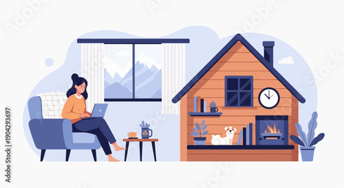 A woman works on her laptop in a cozy room with a dog