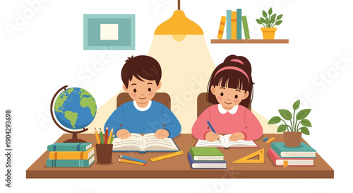 Two children studying at a desk with books, globe, and plants in a cozy home setting with warm tones.