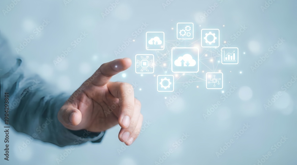 Fototapeta premium Hand interacting with digital cloud technology interface icons