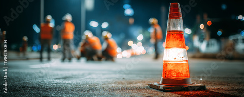 Traffic cone with illuminated light on urban street at night, safety barrier for road work and construction zones