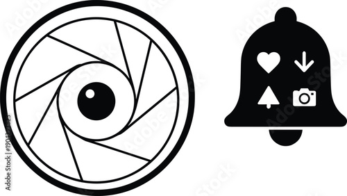 Camera shutter icon, aperture symbol, photography design, notification bell, social media alert, heart favorite, download arrow, upload arrow, photo notification, digital interface