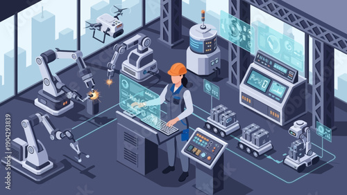 Automated Factory Operation with Engineer and Robotic Arms.