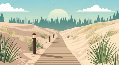 A wooden boardwalk winds through sandy dunes toward a forest and pale sun