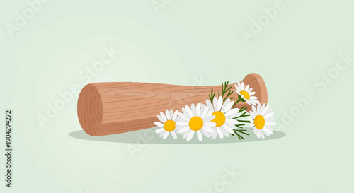 A wooden mortar and pestle rests beside a cluster of white daisy flowers on a pale green background