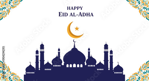 Graphic design of a mosque silhouette with a crescent moon and moon stars on a white background with floral patterns for Eid al-Adha celebration.