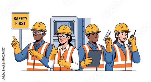 Illustration of four diverse construction workers wearing safety gear and hard hats standing in front of a machine with a safety sign.