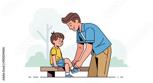 An adult is tying a child's shoelace while the child sits on a bench outdoors in a simple animated style with a muted color palette.