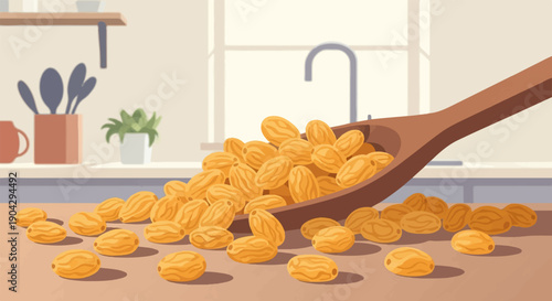 A wooden spoon spills a pile of golden raisins onto a table