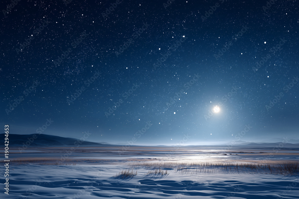 Fototapeta premium Snowy Field Under Starry Night