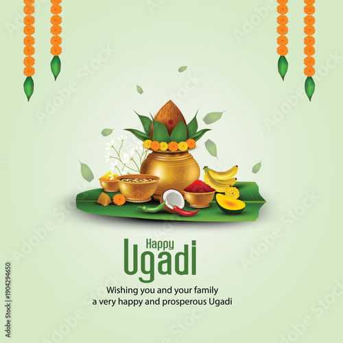 happy Ugadi New Year festival. Indian holiday celebrated by the inhabitants of Karnataka and Andhra Pradesh. abstract vector illustration graphic design.