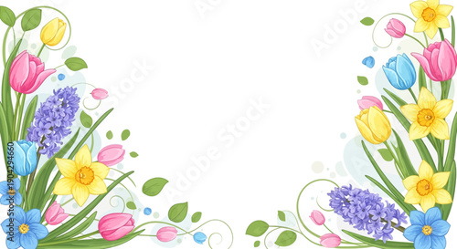 Vibrant floral border with tulips, lavender, and bluebells on a white background, featuring colorful spring flowers in a whimsical arrangement.