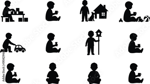 Children playing silhouette collection illustration, kids toys sitting activities vector set, childhood lifestyle shadow figures isolated design