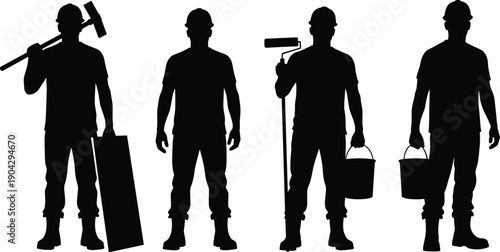 Construction worker silhouette collection illustration, builder painter laborer tools vector set, industrial handyman shadow figures isolated design