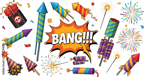 Fireworks celebration collection illustration, festival rockets crackers sparkles vector set, party holiday explosion isolated festive design concept