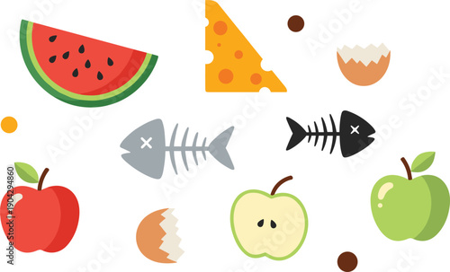 Food waste illustration set, fruit fish bones eggshell cheese watermelon apple scraps vector, kitchen garbage recycling concept design