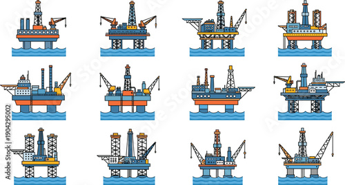 Offshore oil rigs collection illustration, drilling platforms sea industry vector set, petroleum extraction engineering isolated industrial design icons