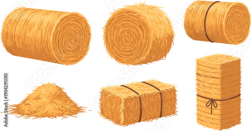 Collection of golden hay bales and straw stacks in various shapes including round rolls and rectangular bundles vector illustration.
