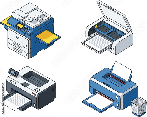 Printer machine illustration set, office printing equipment laser inkjet copier devices vector, business technology hardware collection design