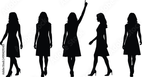 Women silhouette collection illustration, female standing walking poses vector set, fashion model shadow figures isolated, elegant outline design