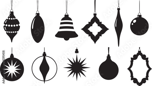 set of vintage christmas bauble silhouettes and hanging holiday ornaments collection isolated on white background for festive winter seasonal design