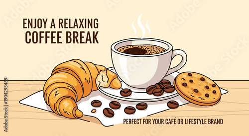 Enjoy a delightful coffee break illustration featuring a fresh croissant, hot coffee, and a delicious cookie, perfect for a relaxing morning or afternoon pause