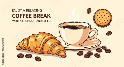 Savor the Moment A Delicious Coffee Break with a Flaky Croissant and Freshly Brewed Coffee