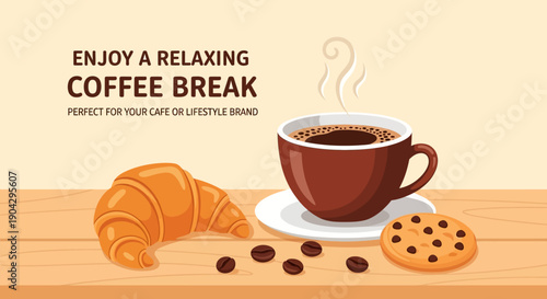 Enjoy a Relaxing Coffee Break with a Croissant and Cookie - Perfect for Your Cafe or Brand