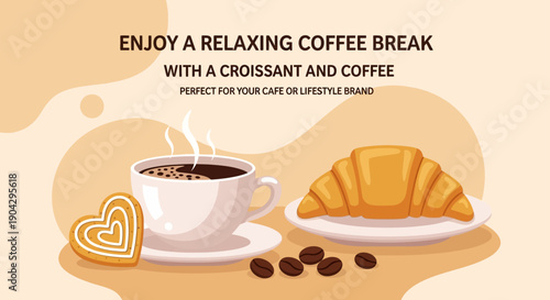 Enjoy a relaxing coffee break with a croissant and coffee perfect for your cafe or lifestyle brand illustration