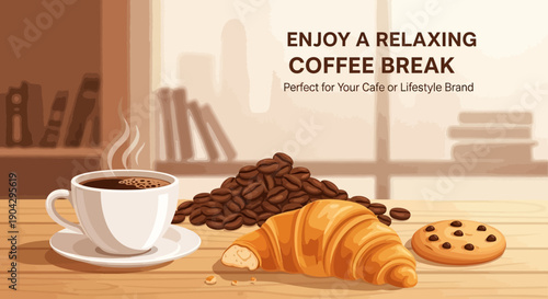 Enjoy A Relaxing Coffee Break With A Croissant, Cookie, And Coffee Beans - Perfect For Your Cafe Or Lifestyle Brand
