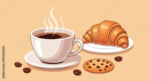 A steaming cup of black coffee with a croissant and a chocolate chip cookie, perfect for a morning breakfast