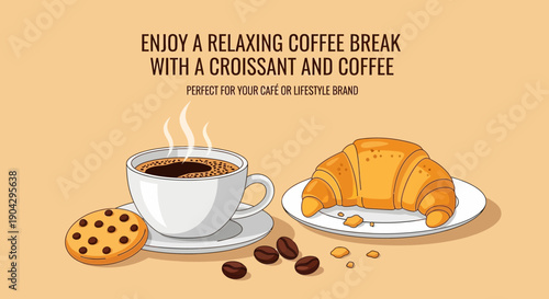 Warm coffee, a flaky croissant, and a delicious cookie create the perfect delightful morning moment for a relaxing breakfast or coffee break