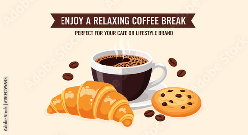 Enjoy a relaxing coffee break with a delicious croissant and cookie, perfect for your cafe or lifestyle brand
