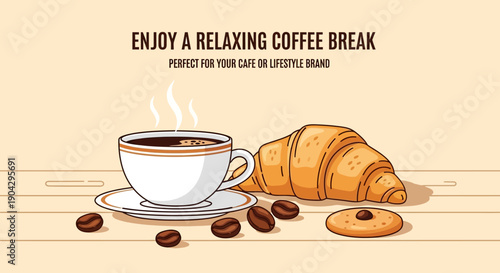 A delightful coffee break scene featuring a steaming cup, a freshly baked croissant, and a sweet cookie, perfect for a relaxing morning or a serene afternoon treat