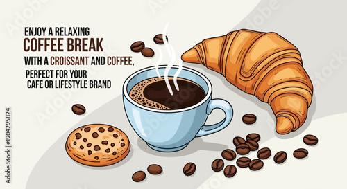 An inviting illustration capturing the essence of a serene morning or afternoon moment, featuring a steaming cup of coffee, a flaky pastry, and a sweet biscuit for a perfect pause